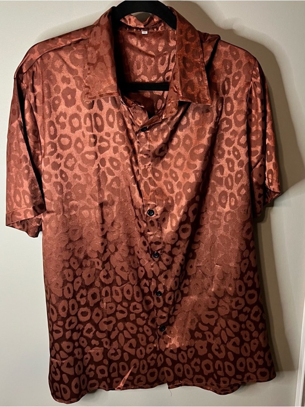 Men's Brown Satin Leopard-Print Short-Sleeve Shirt